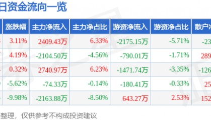 股票行情快报：宁波华翔（002048）4月11日主力资金净买入2409.43万元