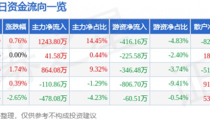 股票行情快报：大湖股份（600257）6月11日主力资金净买入1243.80万元