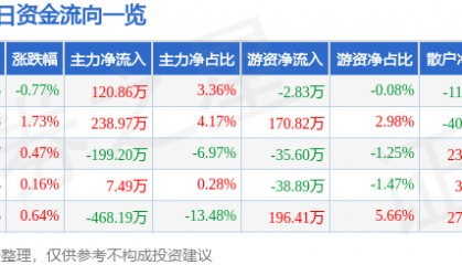 股票行情快报：双环科技（000707）7月3日主力资金净买入120.86万元
