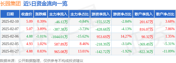 股票行情快报：长园集团（600525）2月10日主力资金净卖出46.12万元