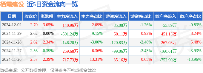 股票行情快报：栖霞建设（600533）12月2日主力资金净买入140.96万元