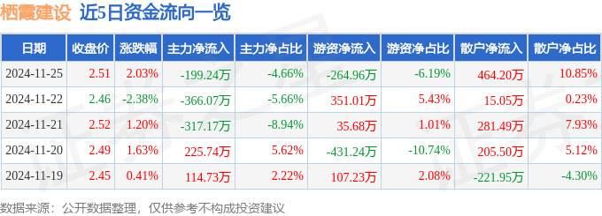 股票行情快报：栖霞建设（600533）11月25日主力资金净卖出199.24万元