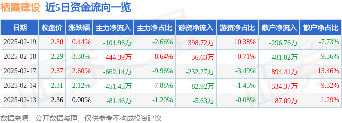 股票行情快报：栖霞建设（600533）2月19日主力资金净卖出101.96万元