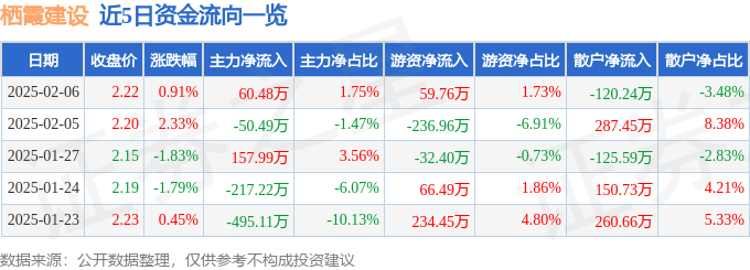 股票行情快报：栖霞建设（600533）2月6日主力资金净买入60.48万元