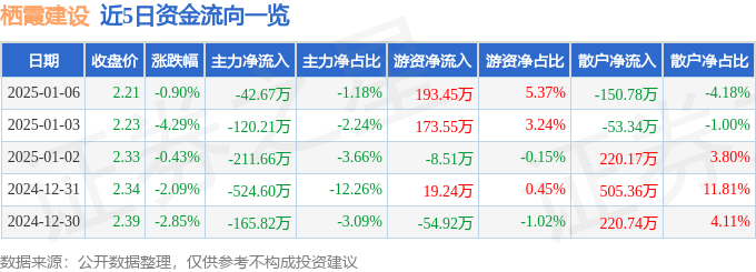 股票行情快报：栖霞建设（600533）1月6日主力资金净卖出42.67万元