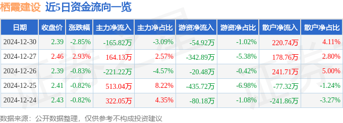 股票行情快报：栖霞建设（600533）12月30日主力资金净卖出165.82万元