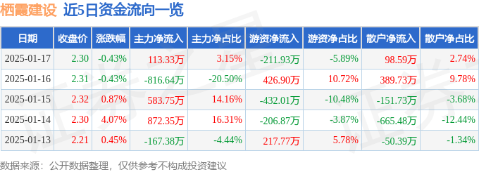 股票行情快报：栖霞建设（600533）1月17日主力资金净买入113.33万元