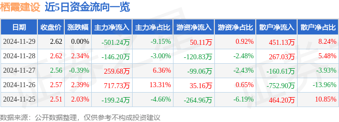 股票行情快报：栖霞建设（600533）11月29日主力资金净卖出501.24万元