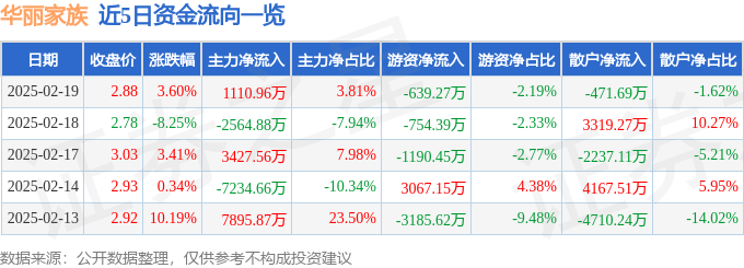股票行情快报：华丽家族（600503）2月19日主力资金净买入1110.96万元