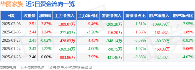 股票行情快报：华丽家族（600503）2月6日主力资金净买入1309.07万元