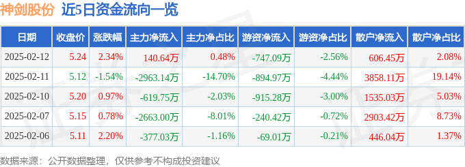 股票行情快报：神剑股份（002361）2月12日主力资金净买入140.64万元