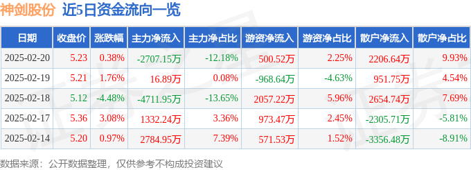股票行情快报：神剑股份（002361）2月20日主力资金净卖出2707.15万元
