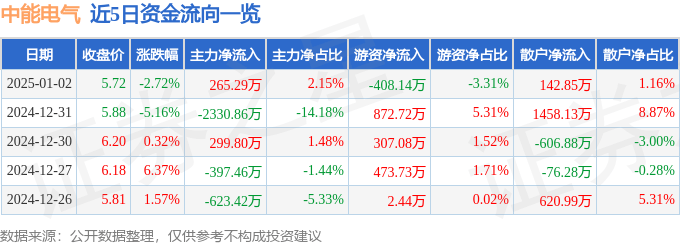 股票行情快报：中能电气（300062）1月2日主力资金净买入265.29万元