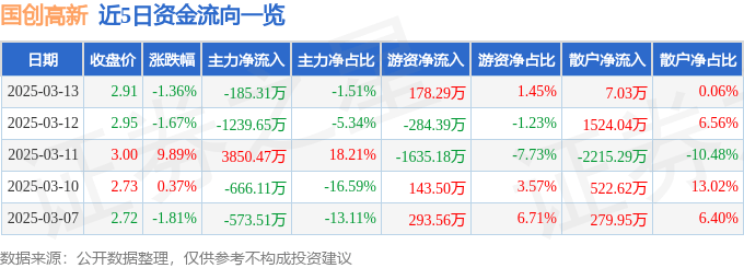 股票行情快报：国创高新（002377）3月13日主力资金净卖出185.31万元