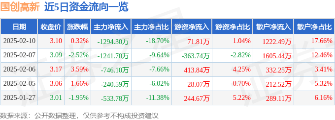 股票行情快报：国创高新（002377）2月10日主力资金净卖出1294.30万元