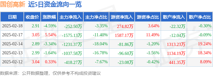 股票行情快报：国创高新（002377）2月18日主力资金净卖出252.50万元