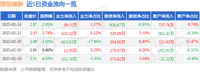 股票行情快报：国创高新（002377）2月24日主力资金净买入99.11万元