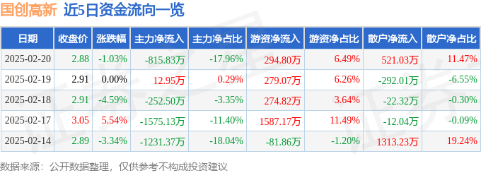 股票行情快报：国创高新（002377）2月20日主力资金净卖出815.83万元