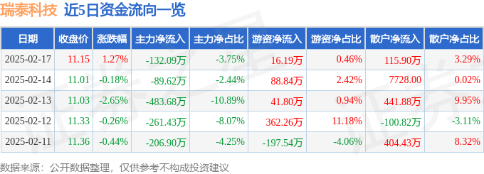 股票行情快报：瑞泰科技（002066）2月17日主力资金净卖出132.09万元