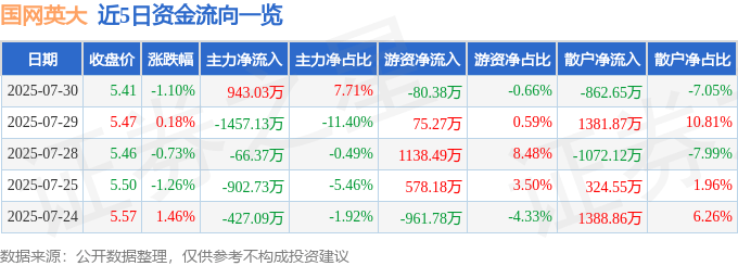股票行情快报：国网英大（600517）7月30日主力资金净买入943.03万元