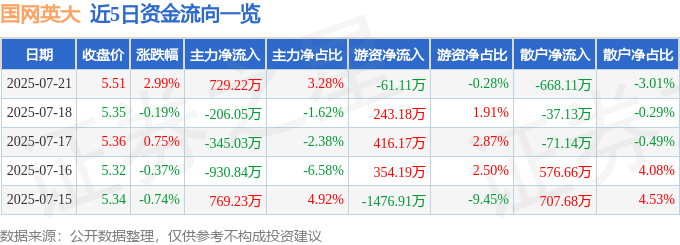 股票行情快报：国网英大（600517）7月21日主力资金净买入729.22万元