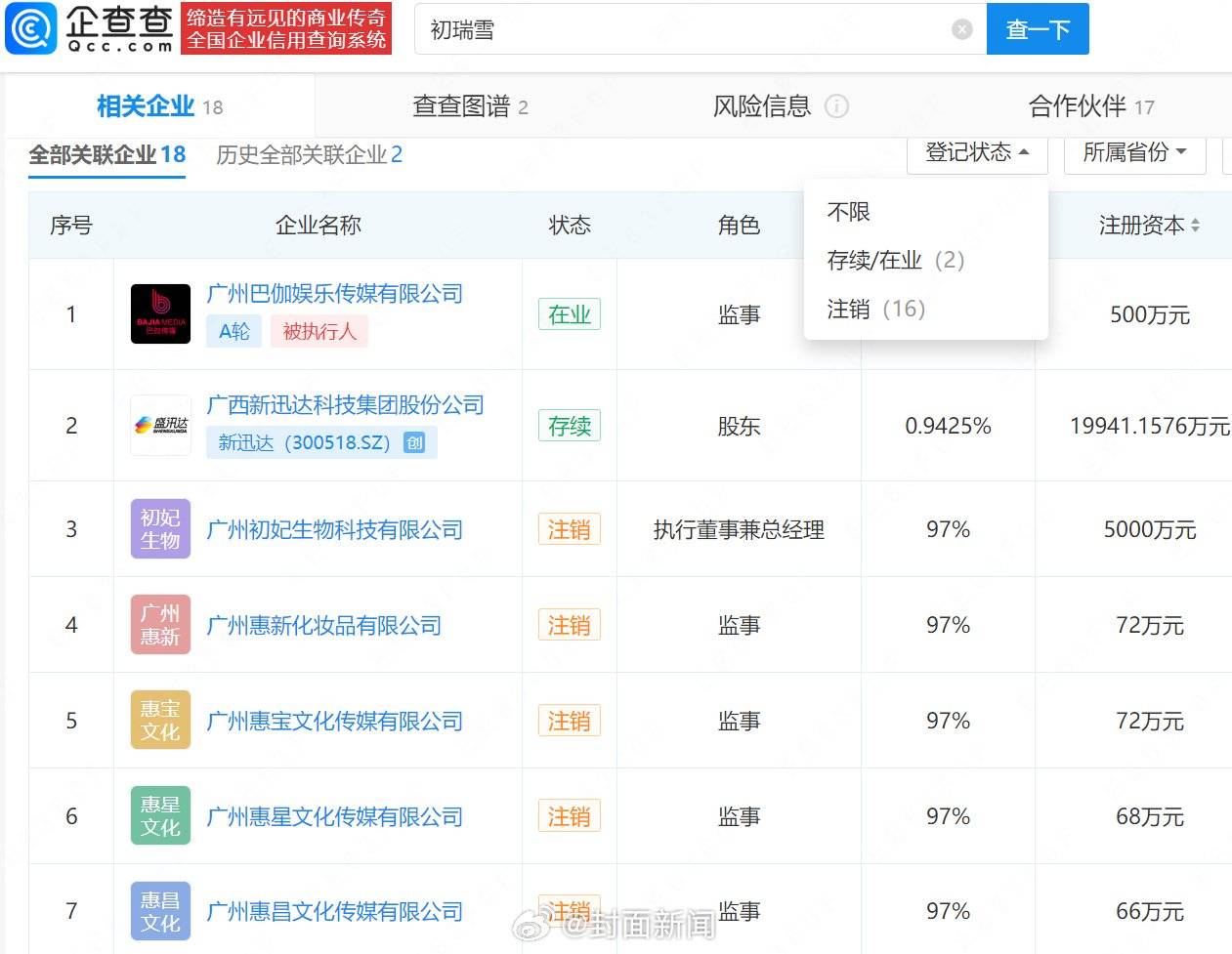 辛巴妻子初瑞雪名下16家公司注销，夫妻持股上市公司