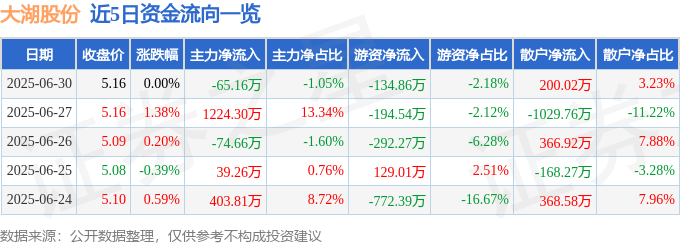 股票行情快报：大湖股份（600257）6月30日主力资金净卖出65.16万元