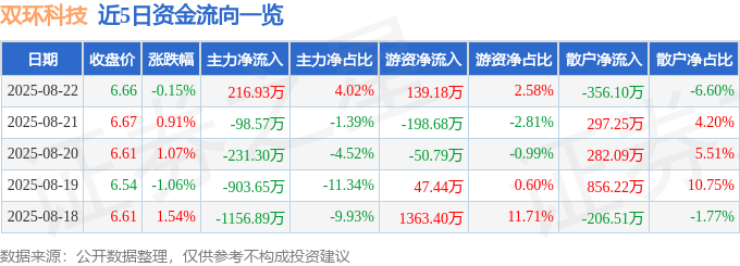 股票行情快报：双环科技（000707）8月22日主力资金净买入216.93万元