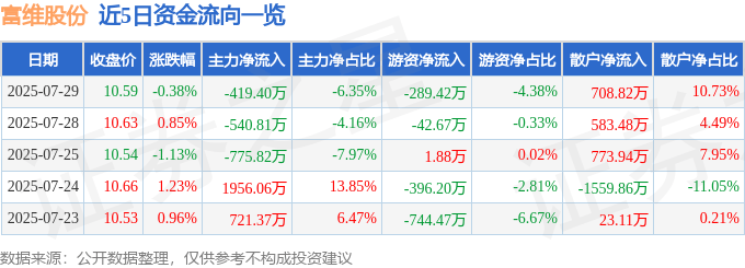 股票行情快报:富维股份(600742)7月29日主力资金净卖出419.40万元