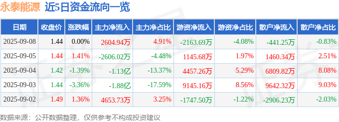 股票行情快报：永泰能源（600157）9月8日主力资金净买入2604.94万元