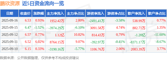 股票行情快报：鹏欣资源（600490）9月16日主力资金净买入1952.42万元