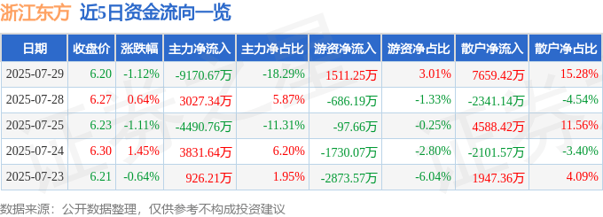 股票行情快报：浙江东方（600120）7月29日主力资金净卖出9170.67万元